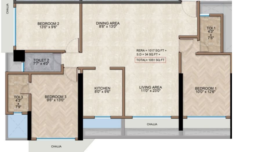 Pradeep-Square-Floor-Plan-3 BHK - 1017 Sqft